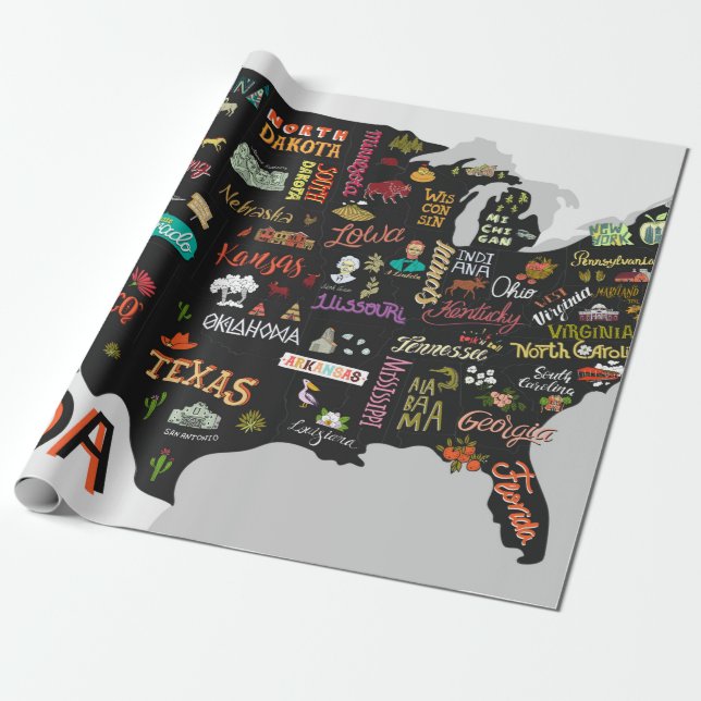 Illustrated map of the USA. Poster with states and Wrapping Paper (Unrolled)