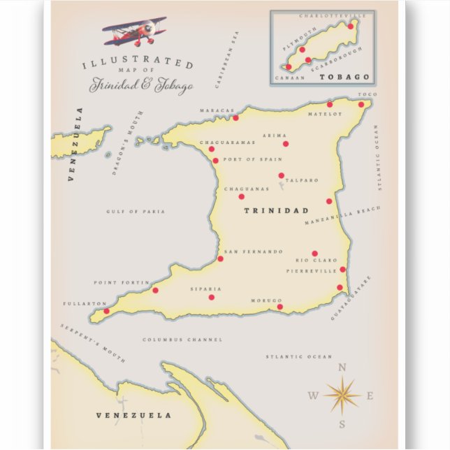 Illustrated map of Trinidad & Tobago (Front)