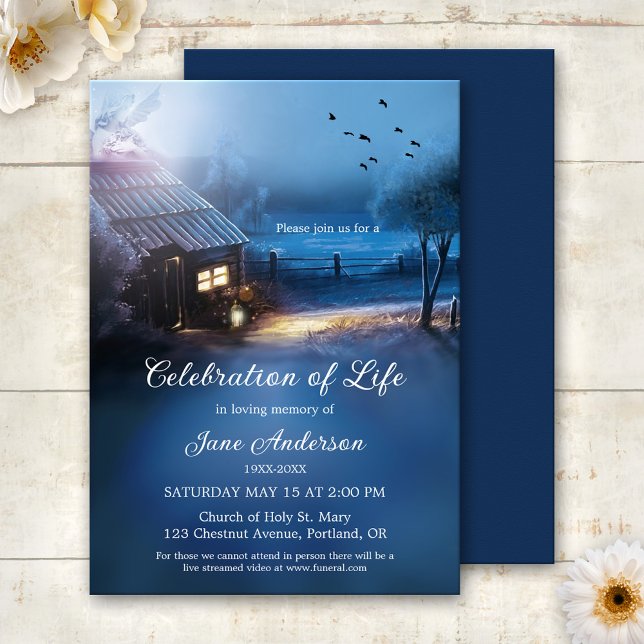 Illustrated Memorial Celebration of Life  Invitation (Memorial or celebration of life invitation featuring a country home with angel guidance light)