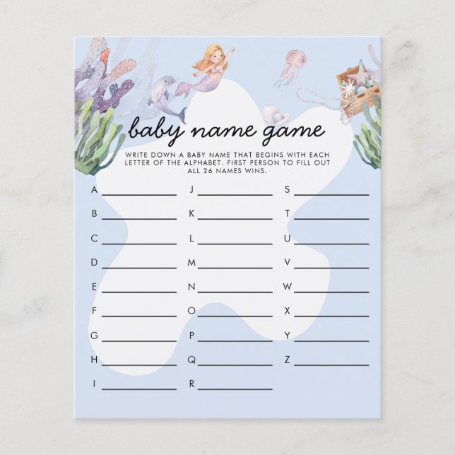 Illustrated Mermaid Baby Shower Game Name Game (Front)