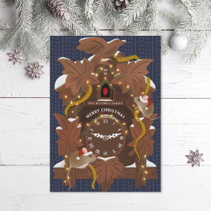 Illustrated Mice on Christmas Cuckoo Clock Blue Holiday Card