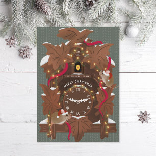 Illustrated Mice on Christmas Cuckoo Clock Holiday Card