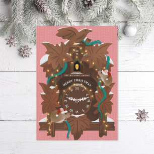 Illustrated Mice on Christmas Cuckoo Clock Pink Holiday Card