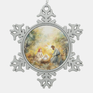 Illustrated Nativity Scene   Snowflake Pewter Christmas Ornament