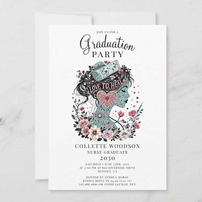 Illustrated Nurse Floral Graduation Invitation (Front)