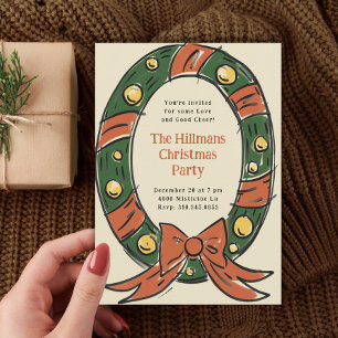 Illustrated Oval Cartoon Wreath Holiday Party Invitation