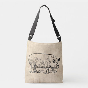 Illustrated Pig with Vintage Script Background Crossbody Bag