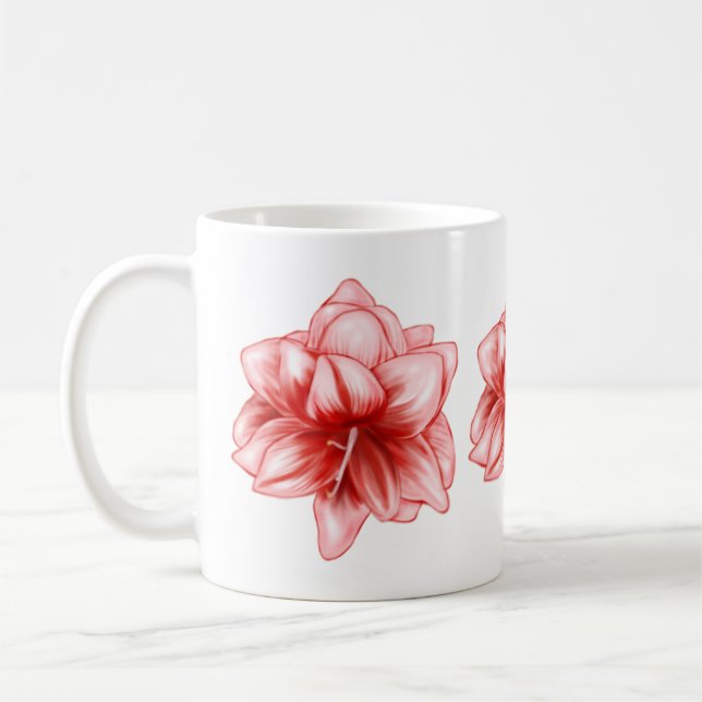 Illustrated Pink and White Amaryllis Coffee Mug (Left)
