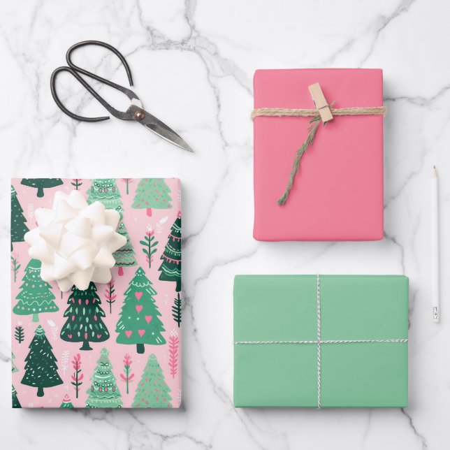 Illustrated Pink Christmas Tree Wrapping Paper (Front)