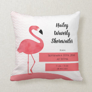 Illustrated Pink Flamingo Animal Birth Pillow Name