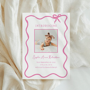 Illustrated Pink French Bow Baby Birth Announcement