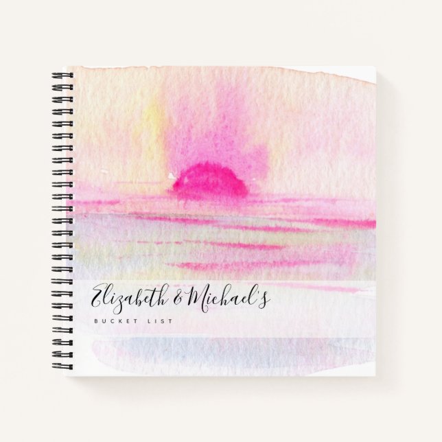 Illustrated Pink Ocean Sunset BUCKET LIST Custom Notebook (Front)