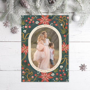 Illustrated Poinsettias Gold Ribbon Photo Holiday Card