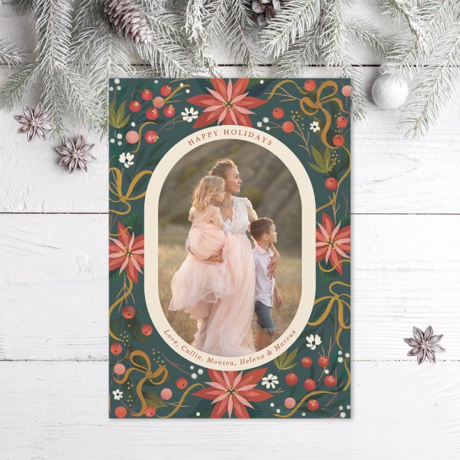 Illustrated Poinsettias Gold Ribbon Photo Holiday Card (Creator Uploaded)