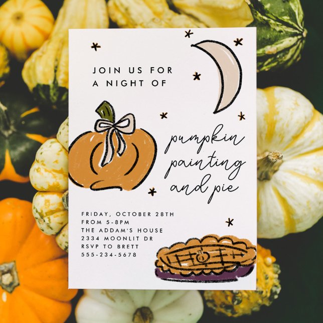 Illustrated Pumpkin Painting Pie Halloween Party Invitation (Pumpkin painting and pie illustrated Halloween party invitation.)