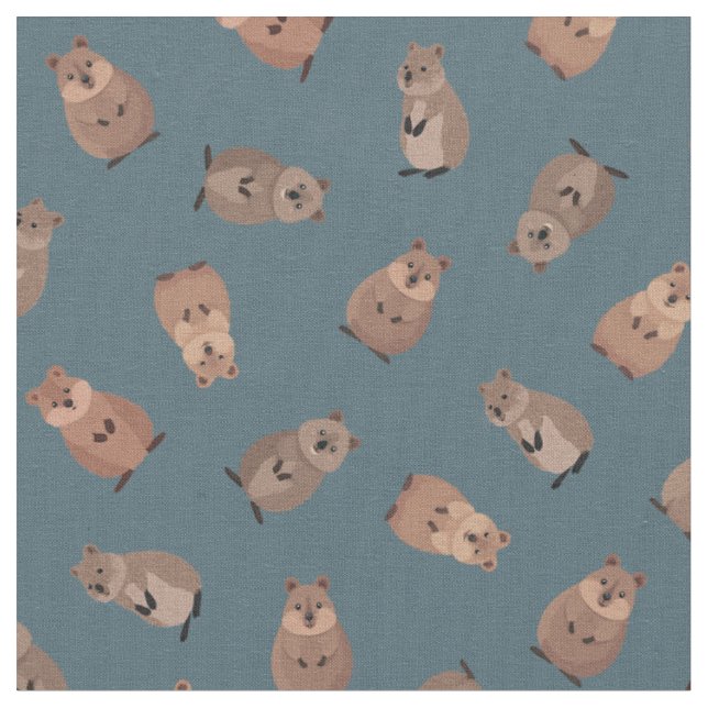 Illustrated Quokkas on Gray-Blue Fabric (Close Up)