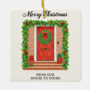 Illustrated Red Door Garland Wreath Ceramic Ornament