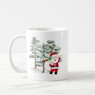 Illustrated Red Jolly Santa with Green snowy Trees Coffee Mug