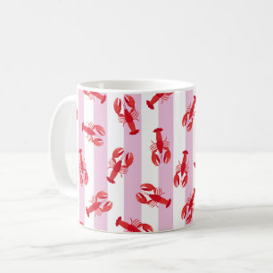 Illustrated Red Lobsters on Light Pink Stripes Coffee Mug