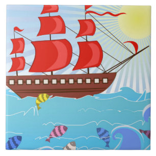 Illustrated Red Pirate Ship Ceramic Tile