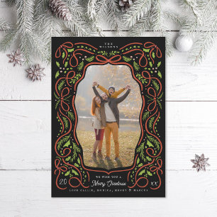 Illustrated Red Ribbon and Holly Christmas Photo Holiday Card