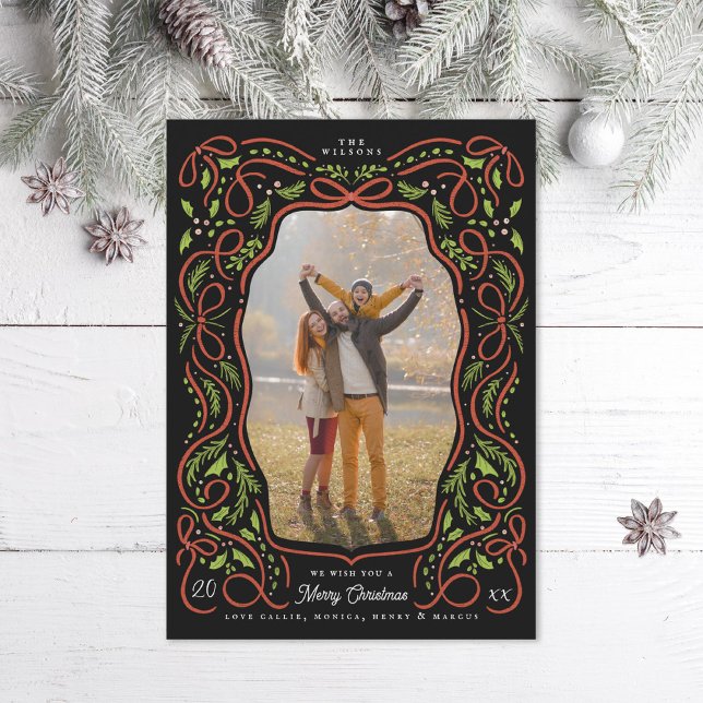 Illustrated Red Ribbon and Holly Christmas Photo Holiday Card (Creator Uploaded)