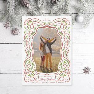 Illustrated Red Ribbon and Holly Christmas Photo Holiday Card