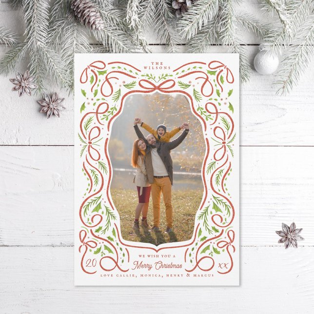 Illustrated Red Ribbon and Holly Christmas Photo Holiday Card (Creator Uploaded)