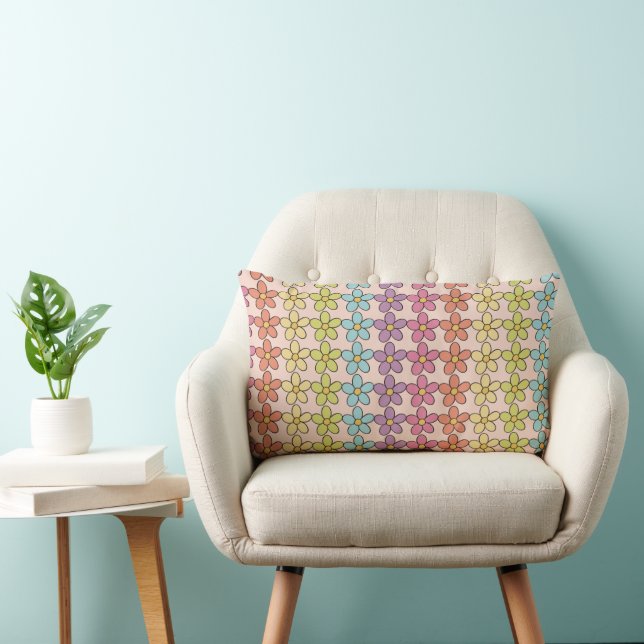 Illustrated Retro Rainbow Daisy Pattern  Lumbar Cushion (Chair)