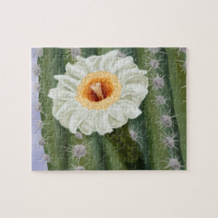 Illustrated Saguaro Cactus White Flower Jigsaw Puzzle