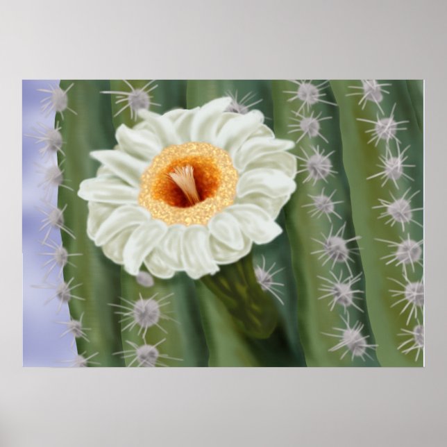 Illustrated Saguaro Cactus White Flower Poster (Front)