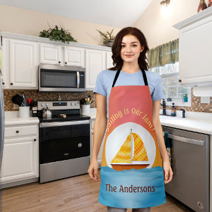 Illustrated Sailboat On Water Moonrise at Sunset Apron