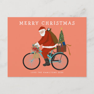Illustrated Santa Riding a Bicycle Custom Colour Holiday Postcard