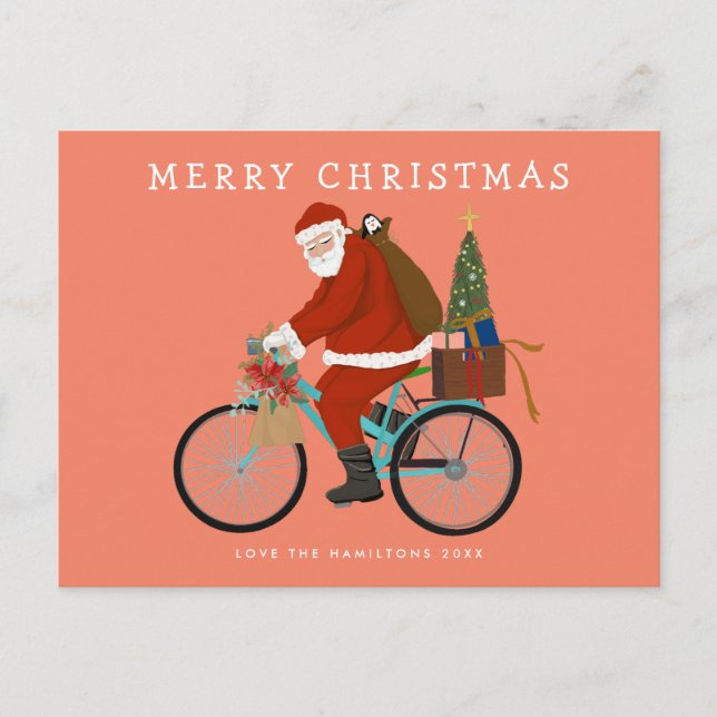 Illustrated Santa Riding a Bicycle Custom Colour Holiday Postcard (Front)