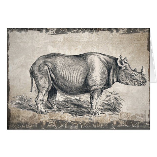 Illustrated Sepia Rhino Happy Birthday Card (Front Horizontal)