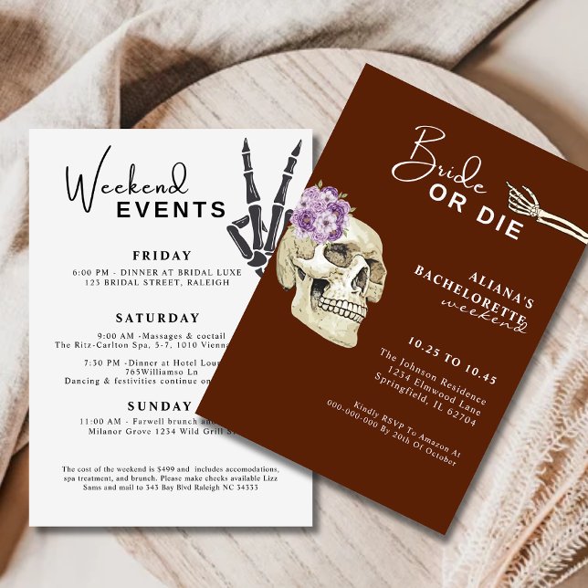 Illustrated Skull Bride or Die Floral Bachelorette Invitation (Creator Uploaded)