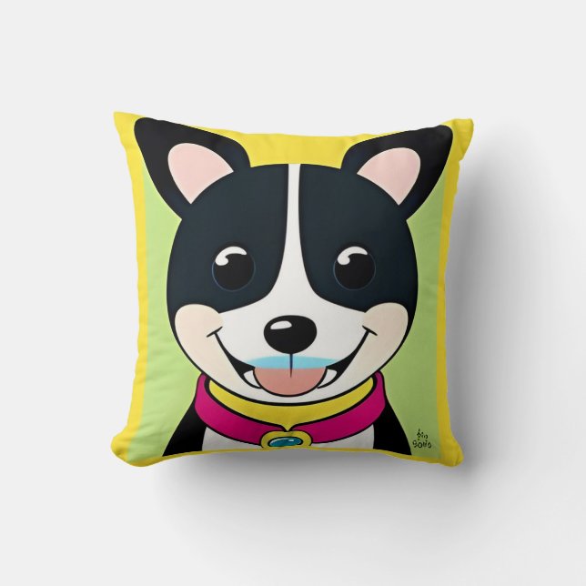 Illustrated Smiling Dog With Collar Cushion (Front)