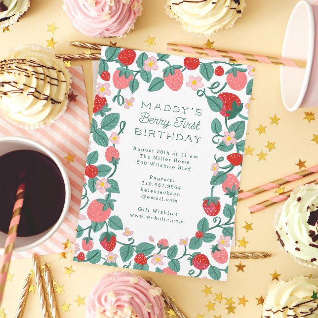 Illustrated Strawberry Berry First Birthday Party Invitation (Creator Uploaded)
