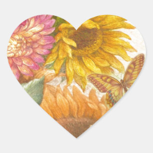 Illustrated Sunflower & Butterfly personalise Heart Sticker