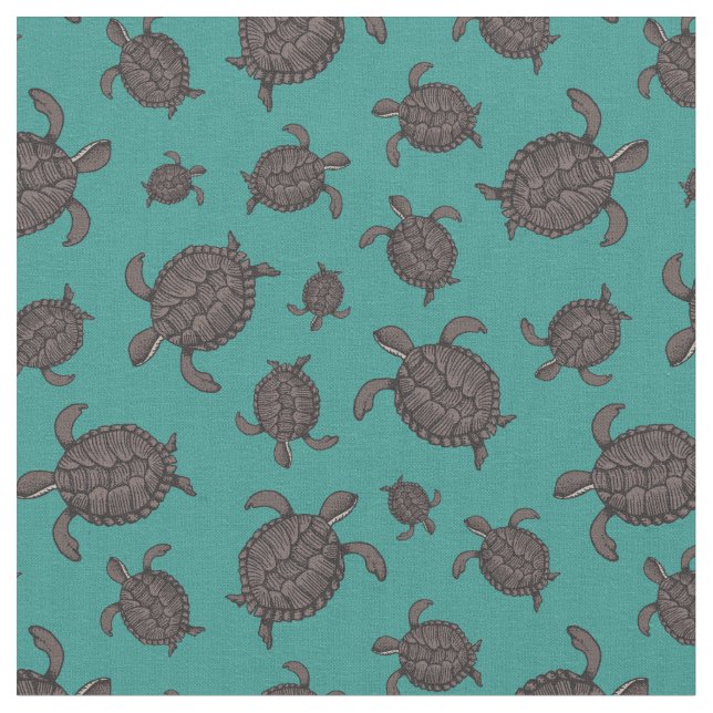 Illustrated Swimming Sea Turtles Fabric (Close Up)