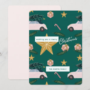 Illustrated Teal Pink Christmas Tree Cars Holiday Card