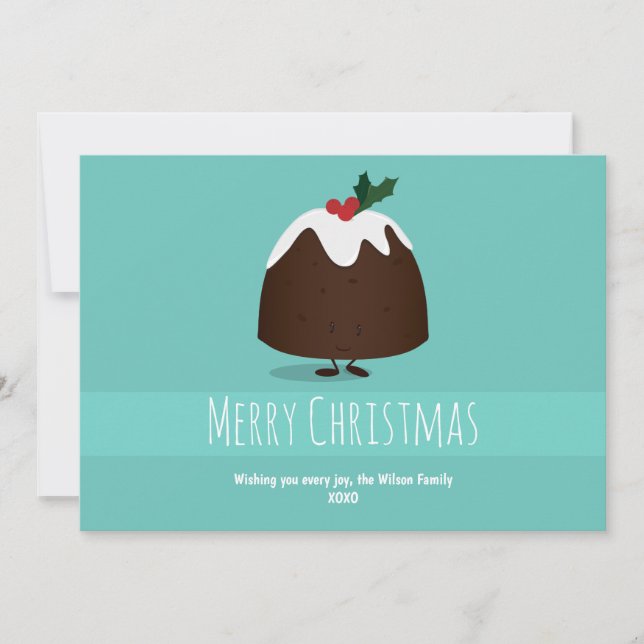 Illustrated Teal White Smiling Christmas Pudding Holiday Card (Front)