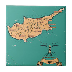 Illustrated Travel map Cyprus Ceramic Tile