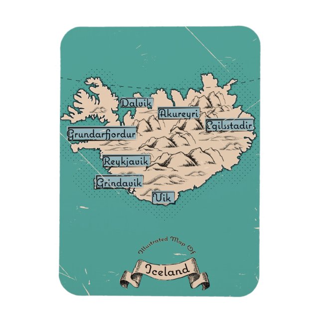 Illustrated Travel map Iceland Magnet (Vertical)