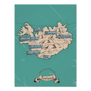 Illustrated Travel map Iceland Poster