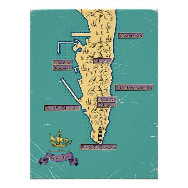 Illustrated Travel map Of Gibraltar Poster (Front)