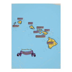 Illustrated Travel map Of Hawaii Poster
