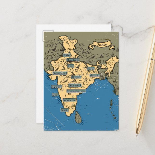 Illustrated Travel map Of India Announcement Postcard (Front/Back In Situ)
