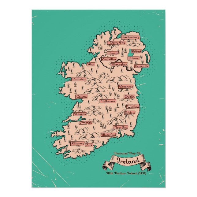 Illustrated Travel map of Ireland Poster (Front)