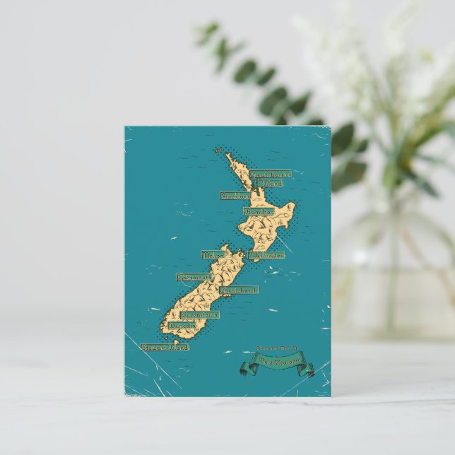 Illustrated Travel map Of New Zealand Invitation Postcard (Standing Front)